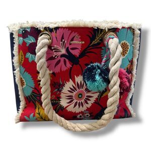 Spartina 449 Floral Hobo Beach Bag Linen & Leather Tote with Rope Handles